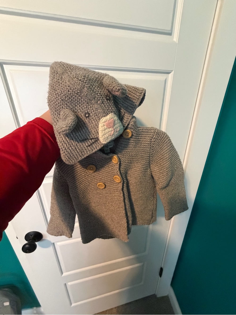 Baby Boden Taupe Knit Hooded Cardigan with Wooden Buttons